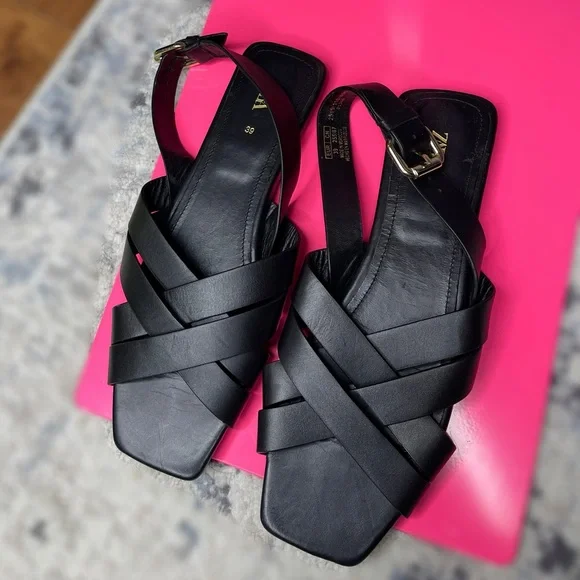 Zara Black Leather Sandals with Ankle Strap - Picture 2 of 5